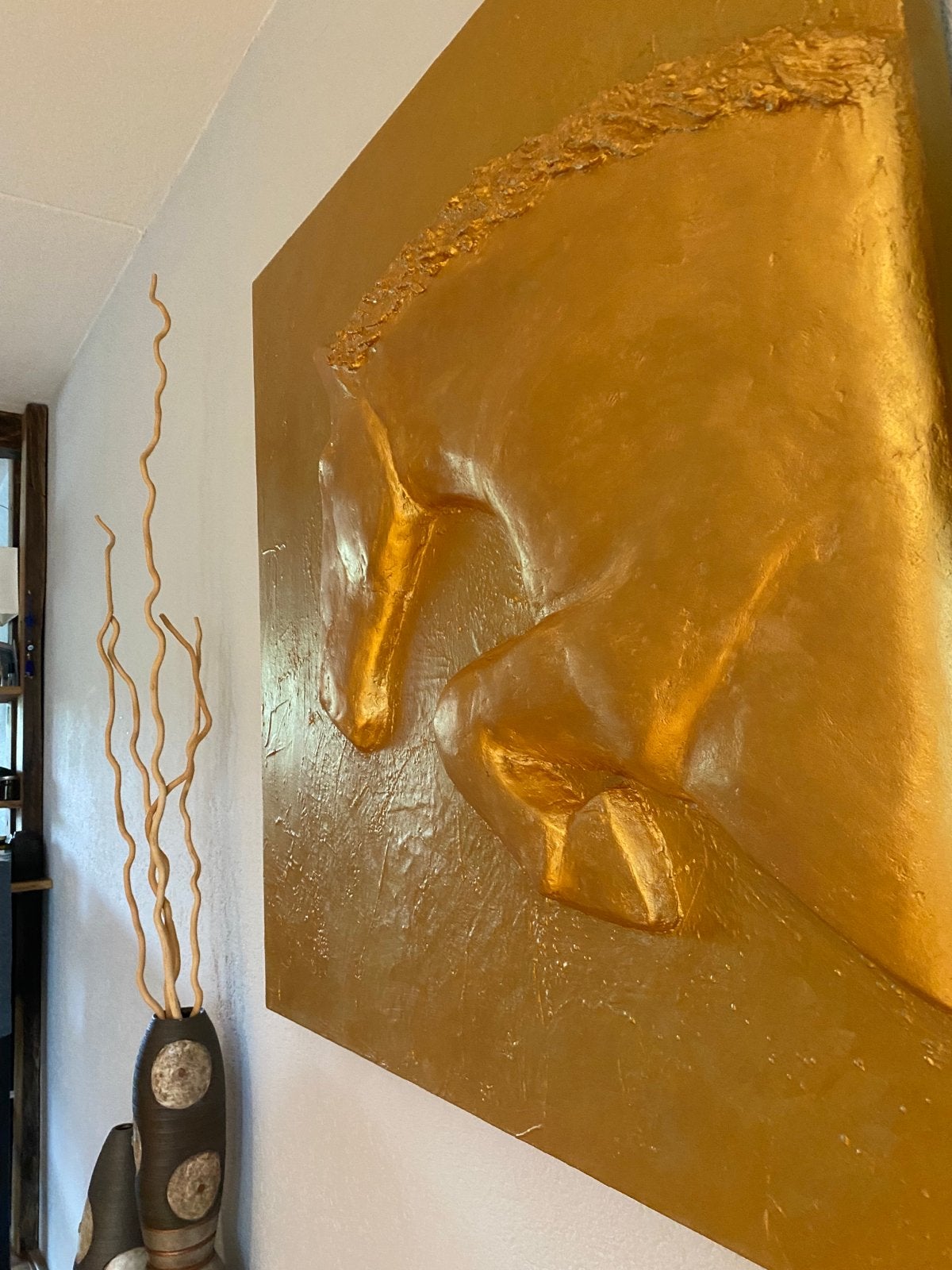 Goudkleurig Paard Schilderij - Modern Reliëf Kunstwerk, Ophalen, Met textuur, Dieren, Gemengde techniek