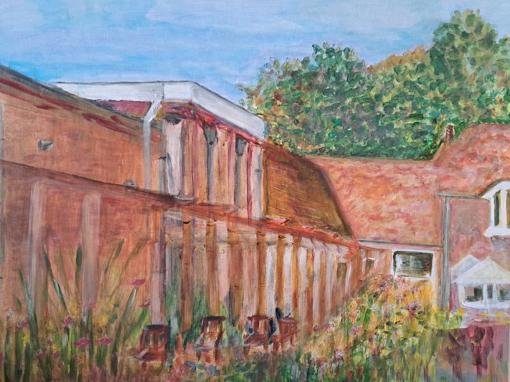 Acrylschilderij van gebouw met veel groen, Ophalen of Verzenden