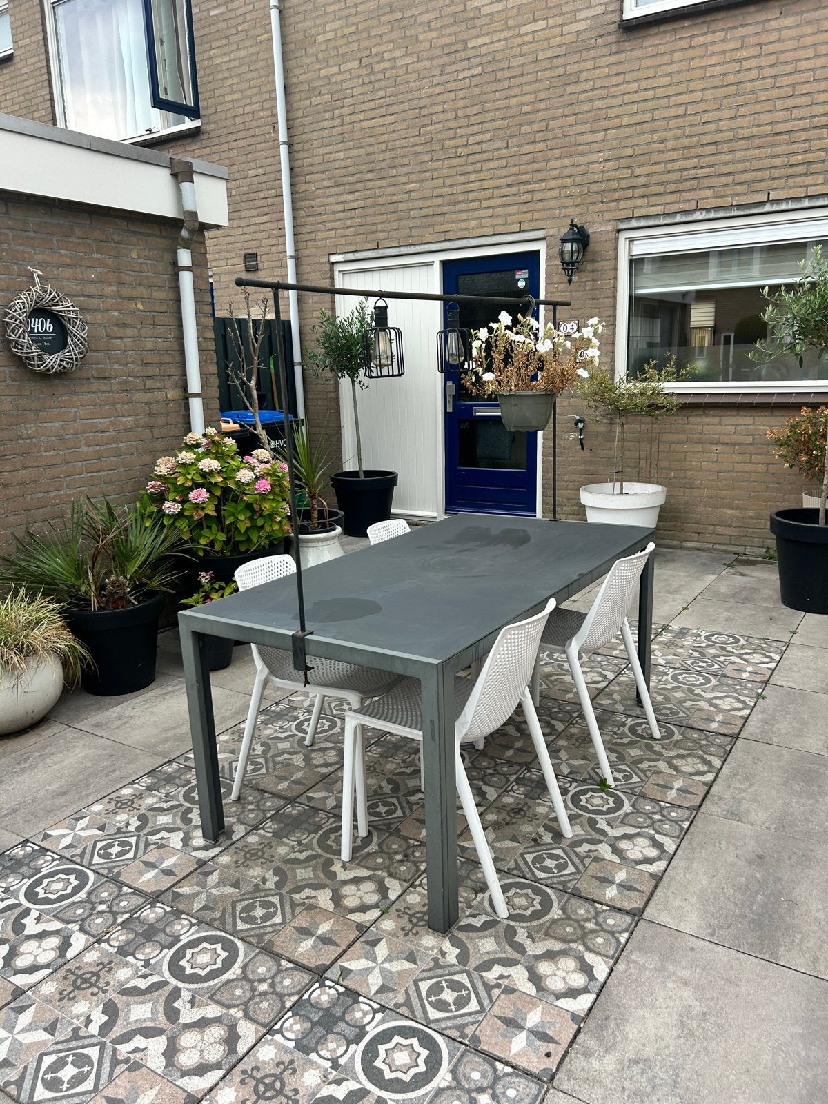 Moderne tuinset: glazen tafel met design stoelen, Ophalen, Gebruikt, Eettafel, Tuinset