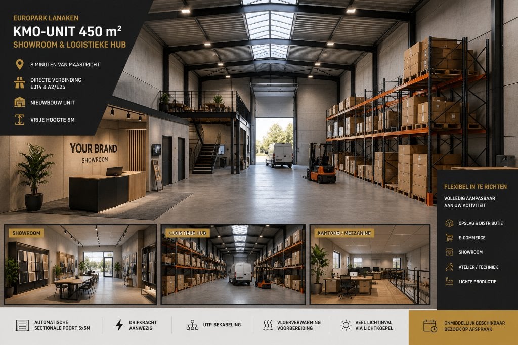 NIEUWBOUW KMO-UNIT TE HUUR – EUROPARK LANAKEN, 450 m², Huur, Bedrijfsruimte