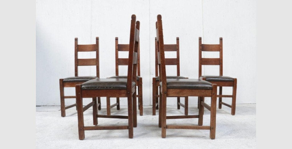 Set of 6 Brutalist Oak Raw Spanish Dining Chairs, Gebruikt, Bruin, Ophalen of Verzenden, Wabi-Sabi, Brutalist, Landelijk, Robuust