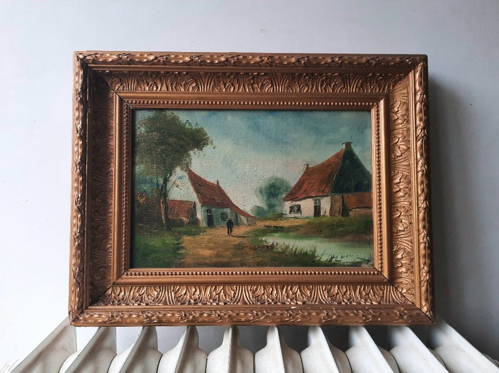 Olieverf op doek - dorpslandschap door H. Leurs, Doek, Ophalen of Verzenden, Olieverf, Klassiek