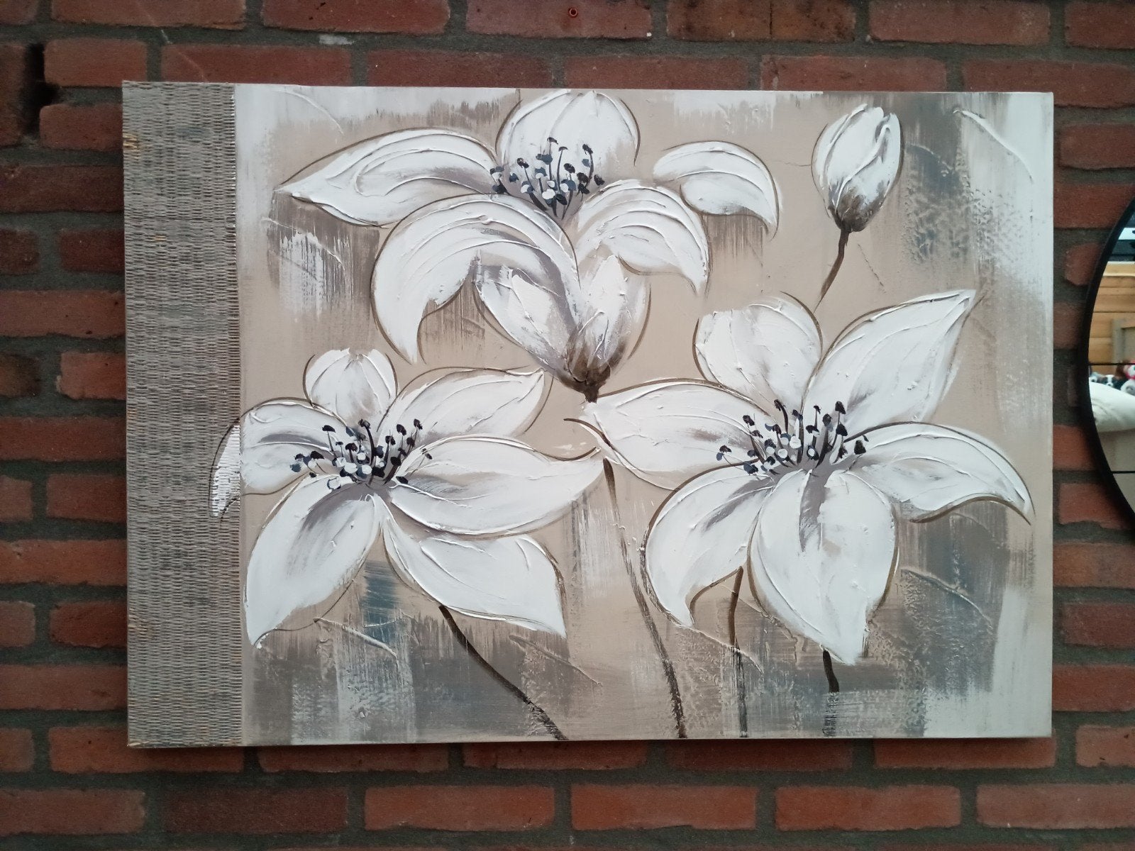 Schilderij met witte bloemen, 70 x 100 cm, Ophalen, Op houten frame, Olieverf, Bloemen