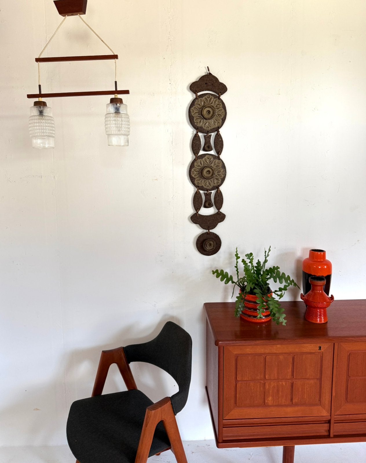 Vintage Deense teakhouten hanglamp ‘60, Huis en Inrichting, Glas, Vintage retro buisframe design rotan webbing papercord deens