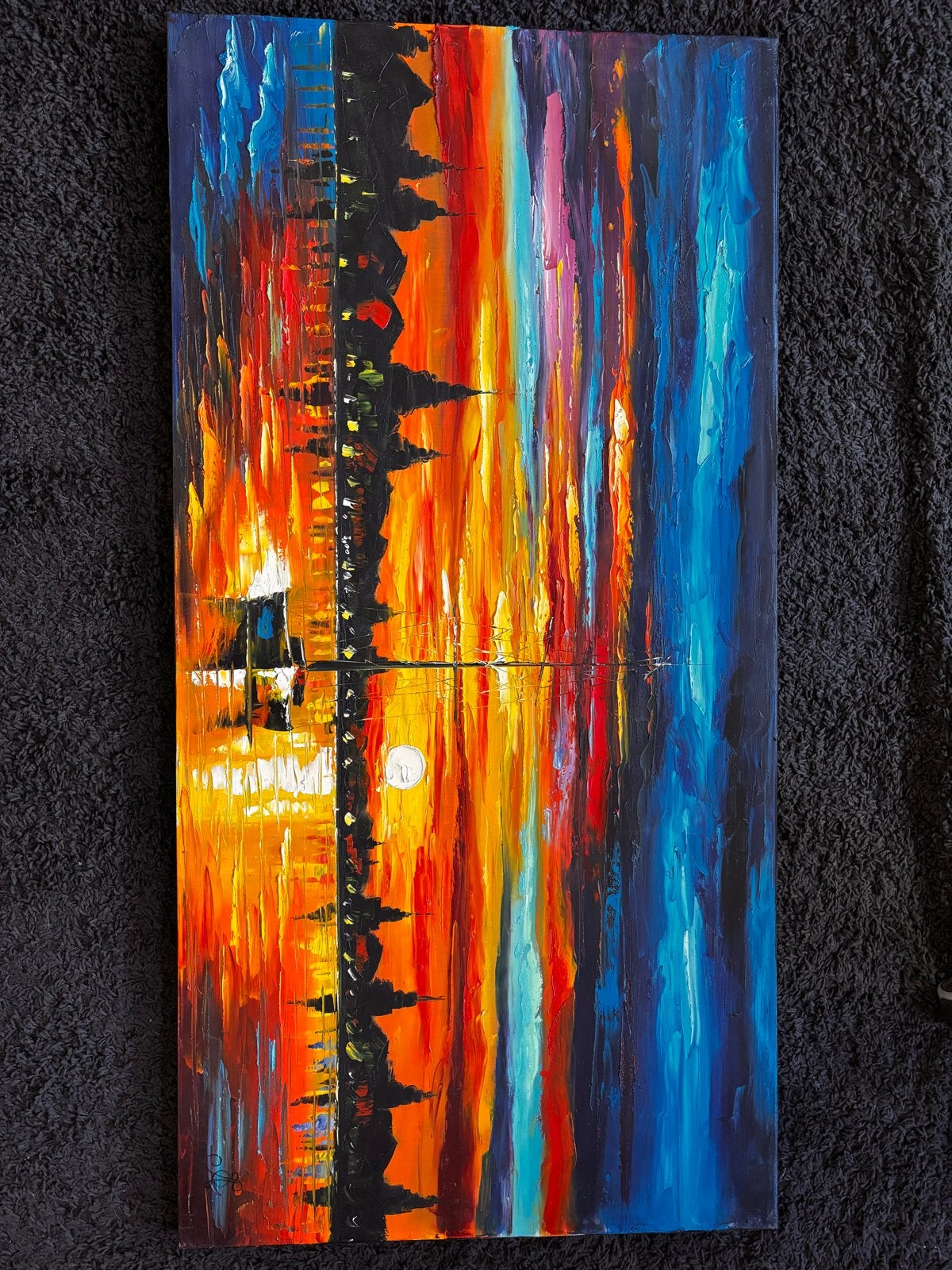 Abstract Schilderij Stadsgezicht Zonsondergang 120x60cm, Ophalen