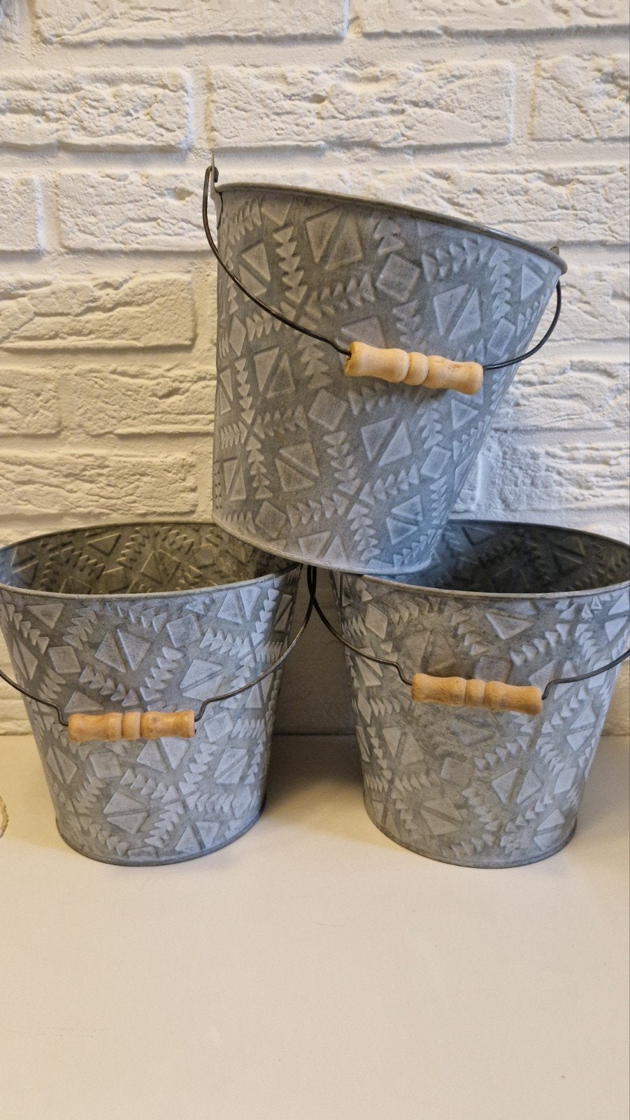 Set van 3 metalen emmers met houten handvatten 20x21cm, Gebruikt, Onbekend, Ophalen of Verzenden, Landelijk