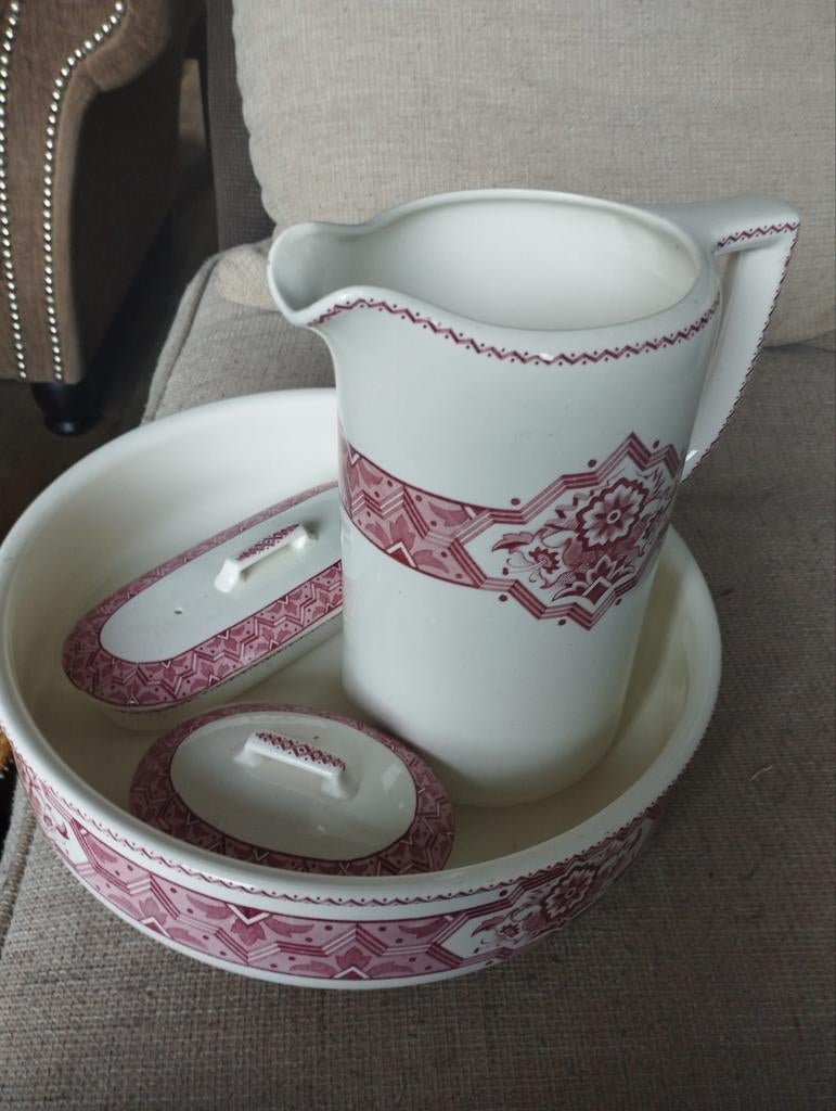 Brocante Lampetstel: Waskom, Kan, Zeep- en Kammenbakje, Antiek en Kunst, Ophalen of Verzenden