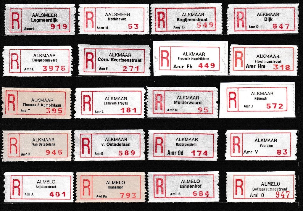 116 Versch. Aantekenstrookjes, Letter A, zonder Amsterdam, Ophalen of Verzenden, Na 1940, Gestempeld