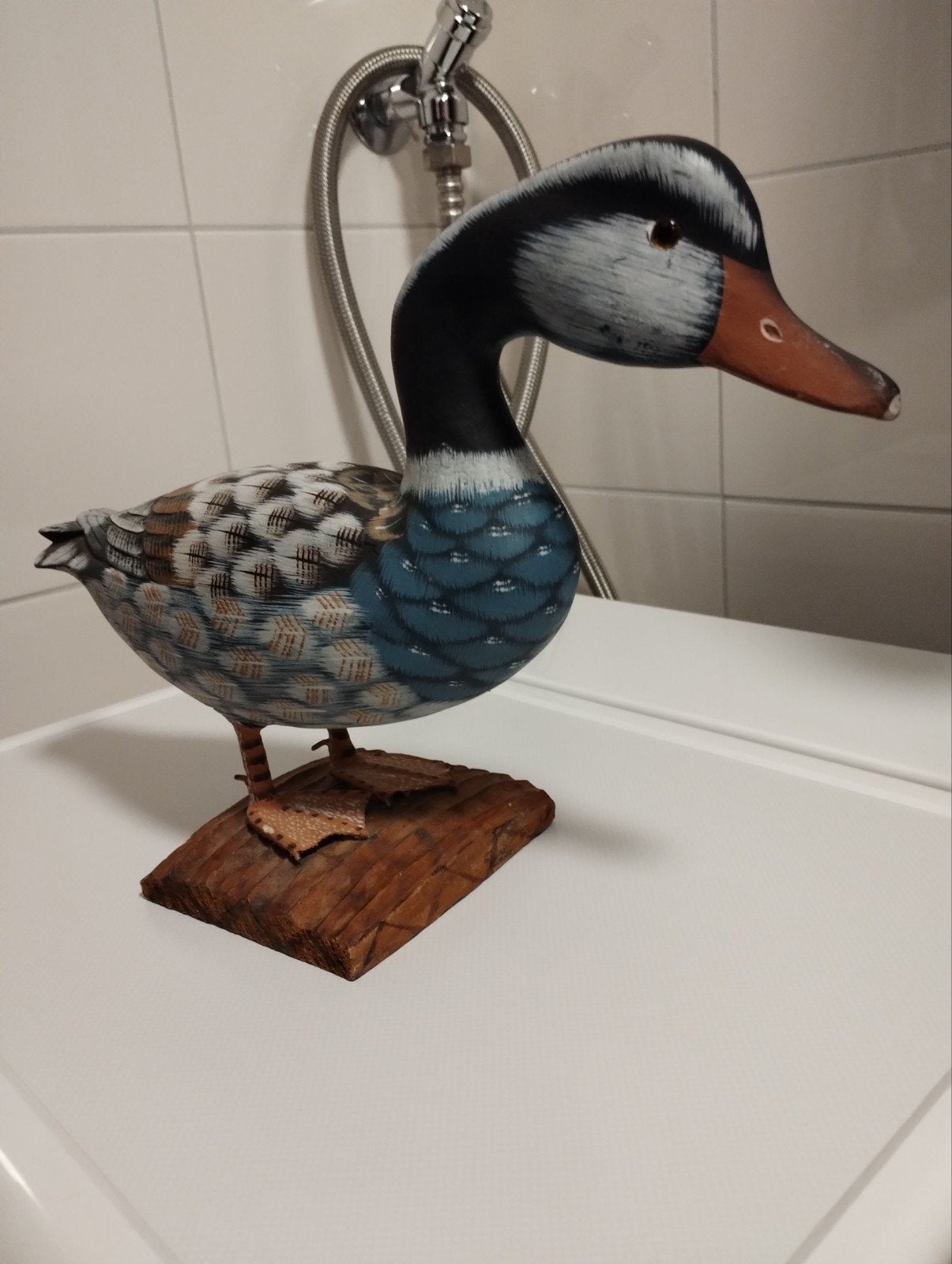 Oude houten handgesneden en handbeschilderde eend, Antiek en Kunst, Ophalen of Verzenden