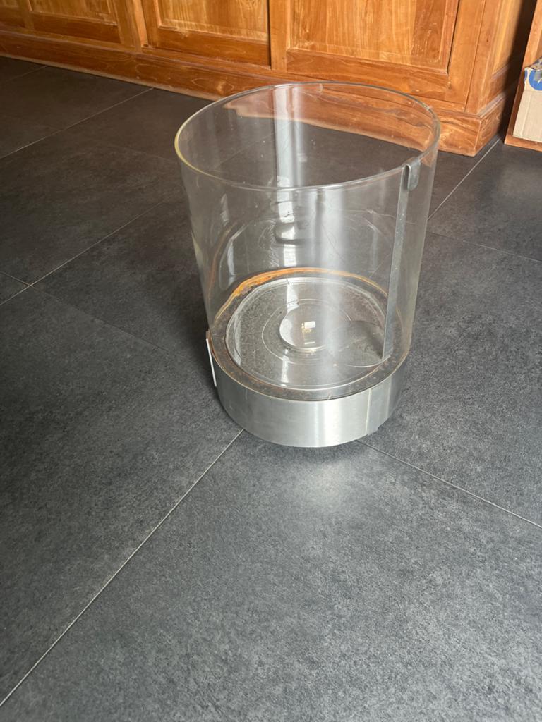Glazen windlicht met rvs voet tafelhaard bio ethanol, Ophalen, Overige materialen, Gebruikt, Overige kleuren