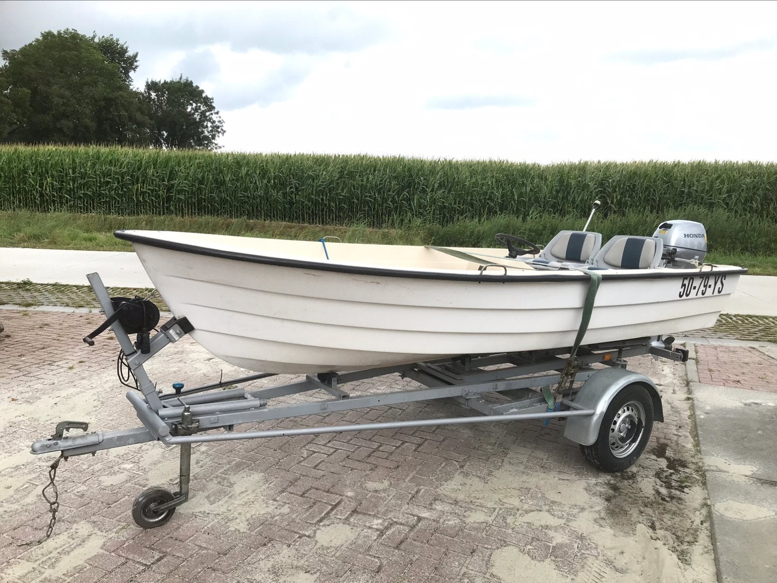 Shetland Boot met 15 Pk Honda motor-  4.5 mtr - Zwemvesten, Ophalen, Zo goed als nieuw, Benzine, 10 tot 30 pk