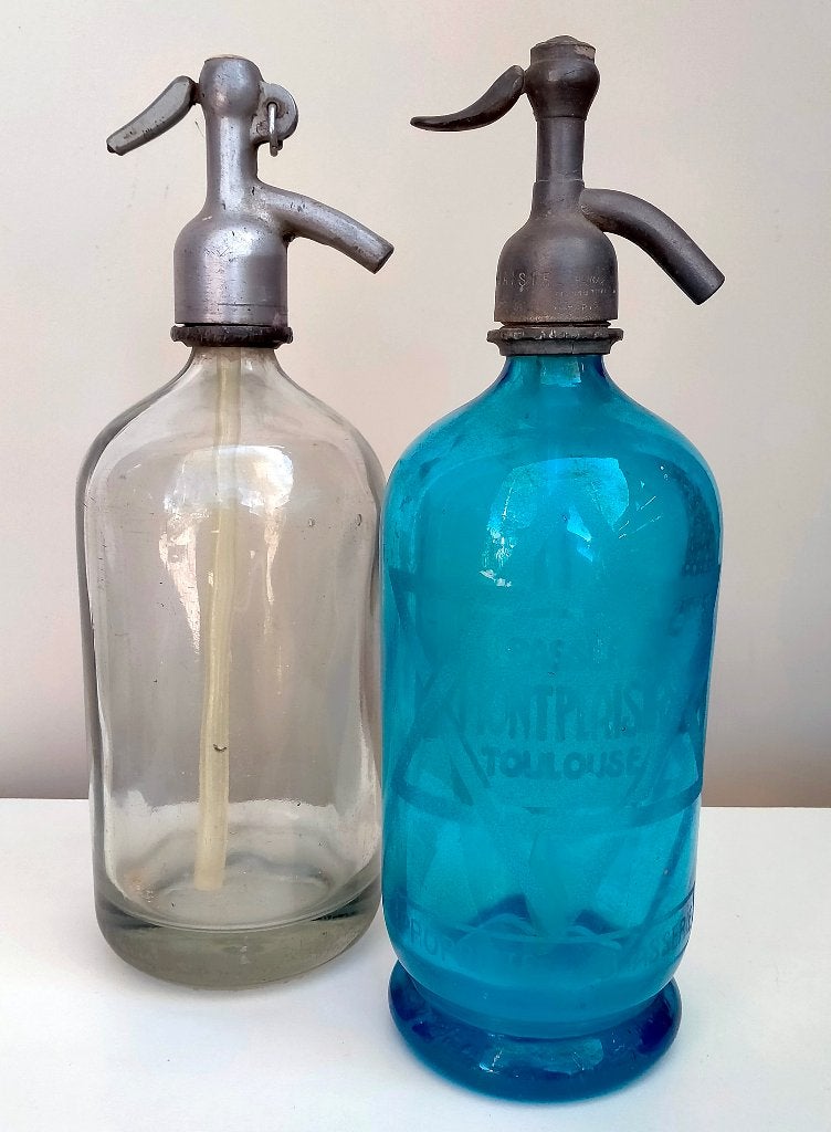 Set Antiek Franse Soda Sifon Spuitflessen Blank & Blauw Glas, Ophalen of Verzenden