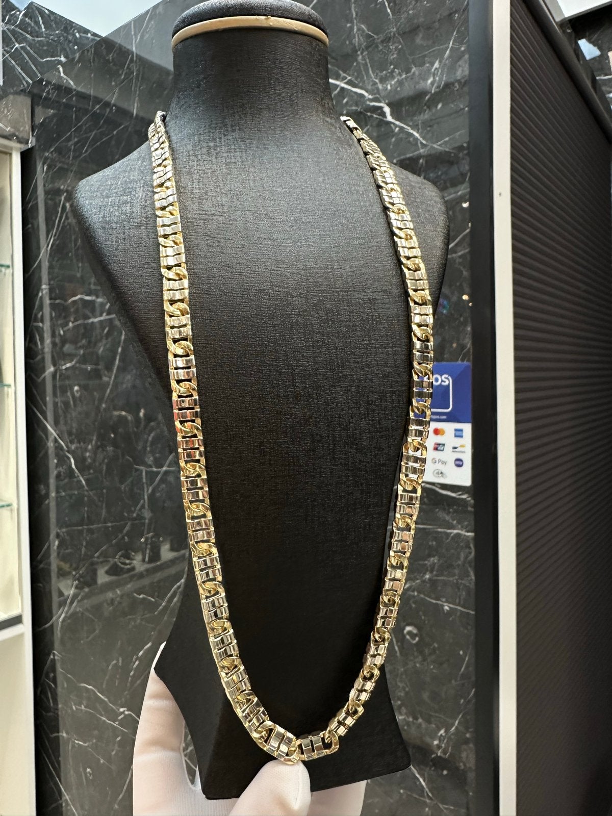 14k Gouden Bicolor Massieve Platte Ketting - 116.2 gram, Sieraden, Tassen en Uiterlijk, Kettingen, Ophalen of Verzenden, Zo goed als nieuw