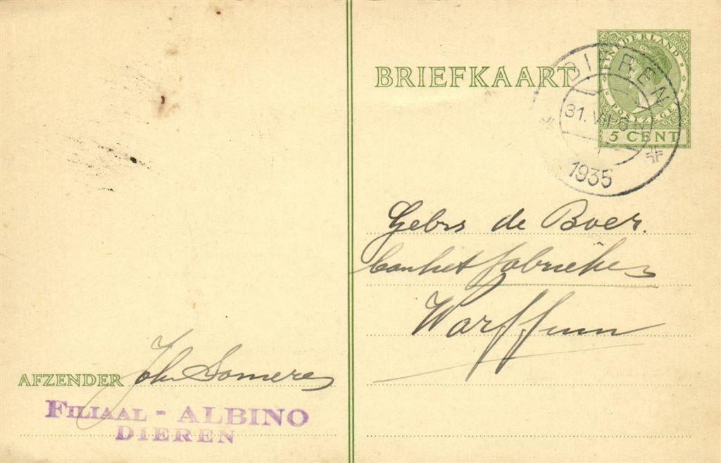 Joh. Someren, Filiaal - Albino, Dieren - 07.1935 - briefkaar, Ophalen of Verzenden, Briefkaart