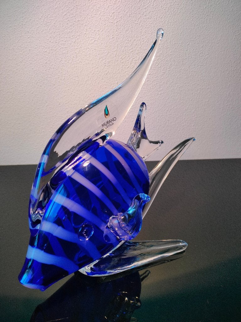 Murano Vis Artglass Kobaltblauw Strepen Groot 1970, Ophalen of Verzenden