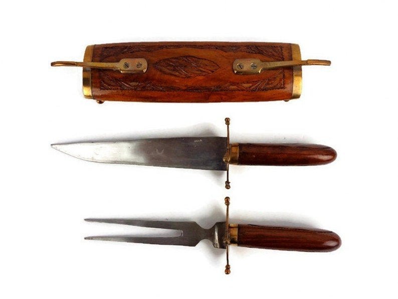 Vintage India Vleesmes en Vleesvork Set met Houten Schede, Antiek en Kunst, Antiek | Bestek, Ophalen of Verzenden