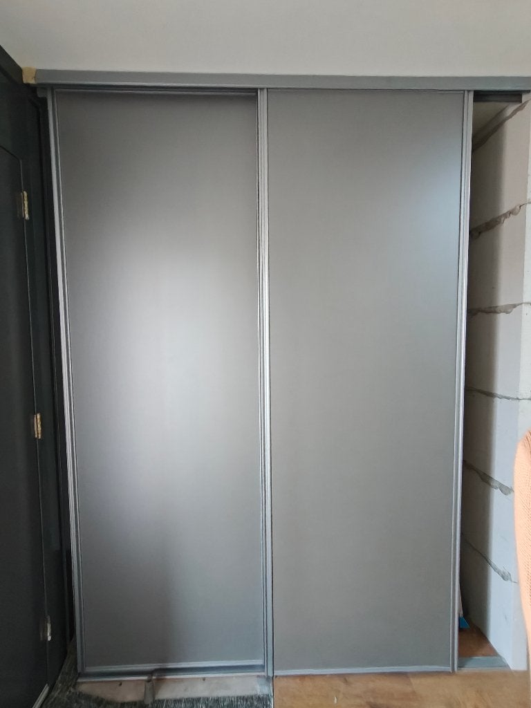 2 grote  zilverkleurige schuifdeuren met railsysteem, Doe-het-zelf en Verbouw, Deuren en Horren, Ophalen, Gebruikt, Overige typen
