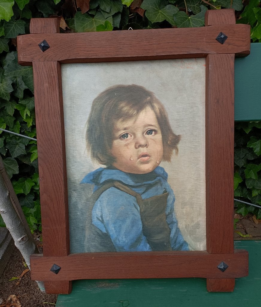 Mid century schilderij Huilende jongen Bragoli 54 x 44 cm, 50 – 75, Minder dan 50 cm, Gebruikt, Ophalen of Verzenden