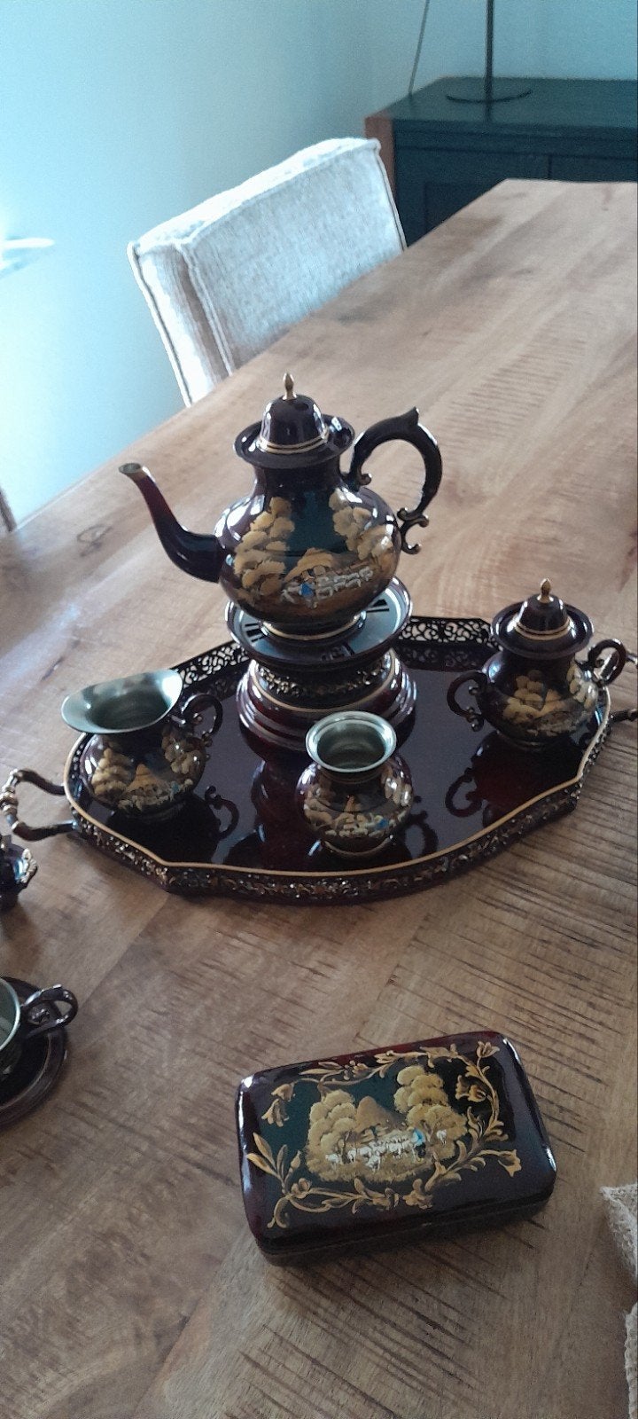 prachtige tinnen servies handgeschilderd rood, Ophalen of Verzenden