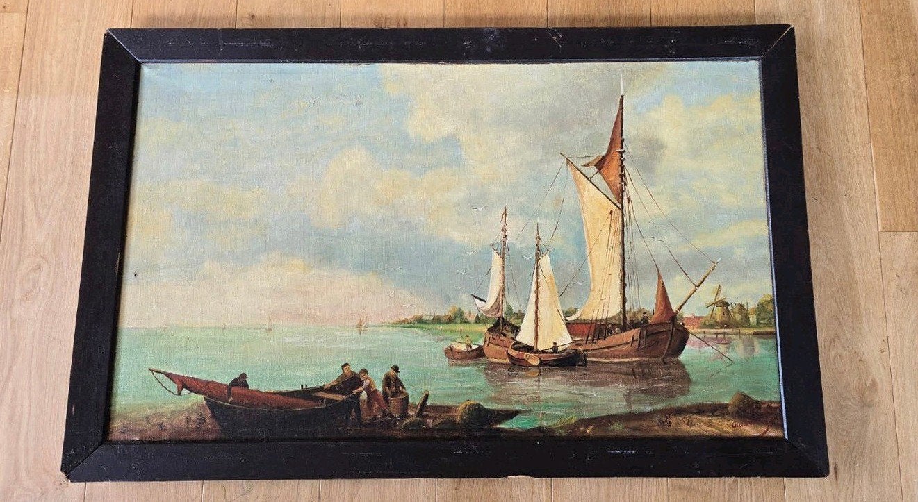 Olieverfschilderij: Hollandse Zeilschepen aan de Kust, Antiek en Kunst, Ophalen, Maritiem / water, Doek, Olieverf