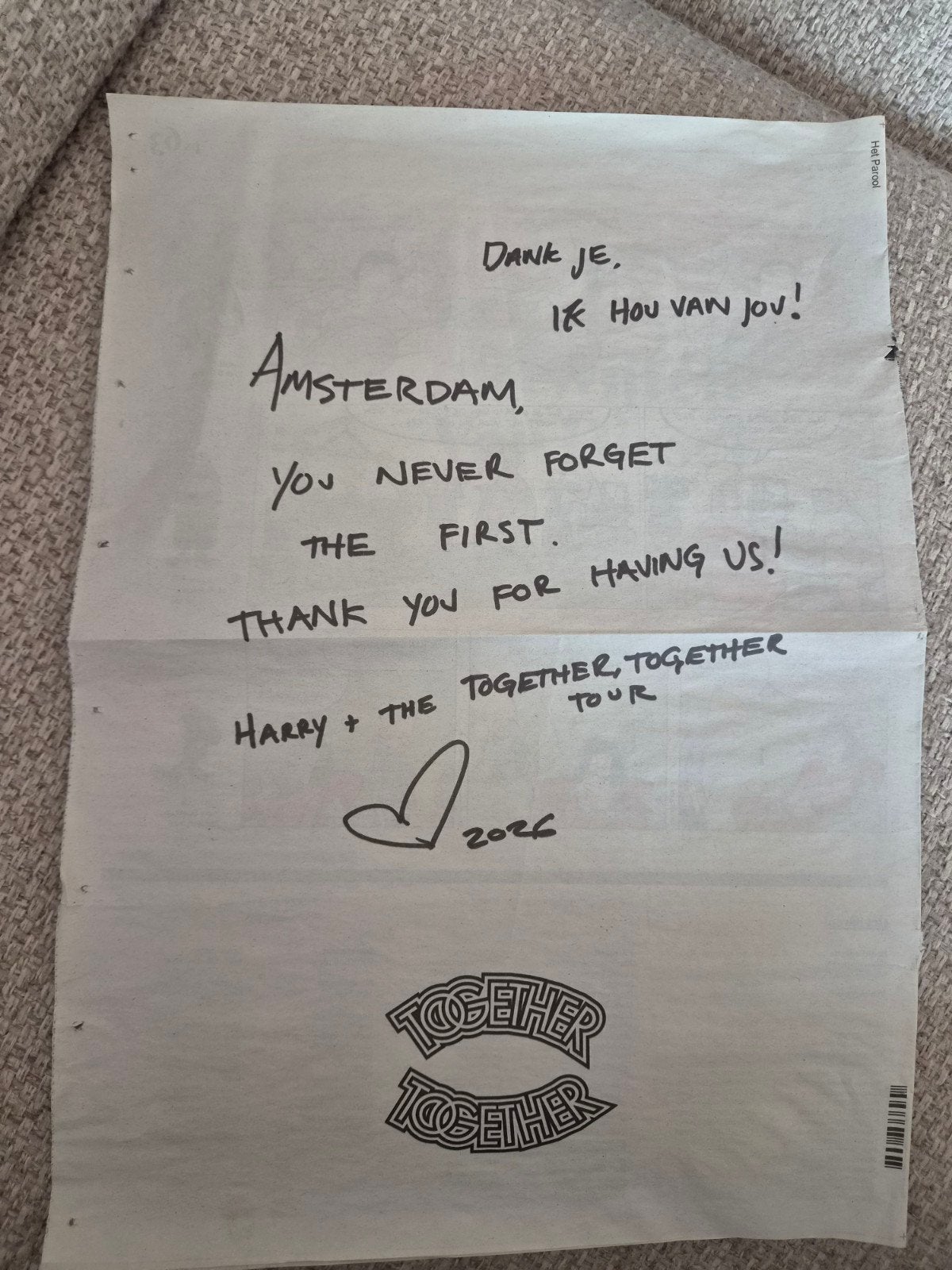 Harry Styles bedankje Parool 6 juni - Uniek aandenken, Ophalen of Verzenden, Gebruikt, Boek, Tijdschrift of Artikel