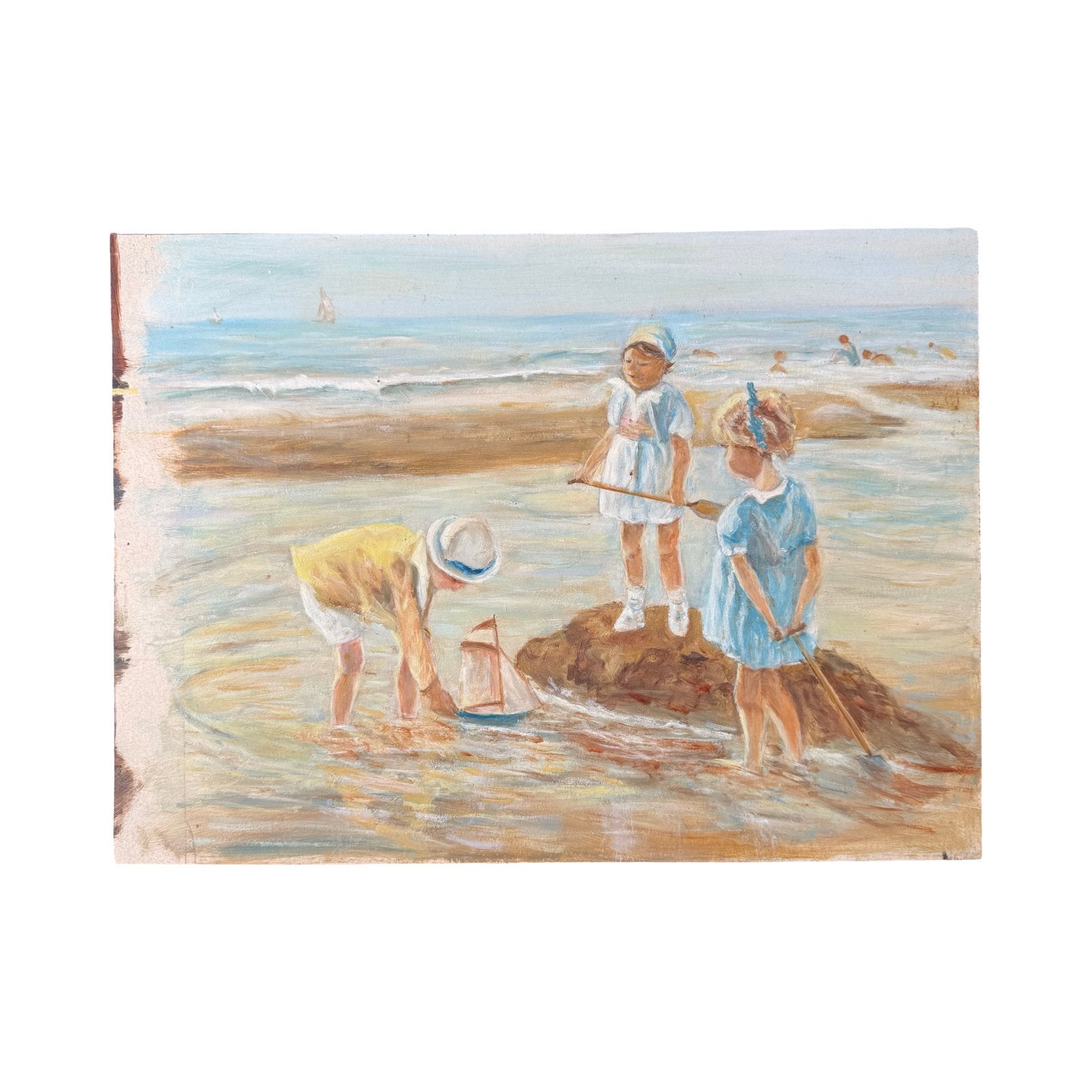 Schilderij strandgezichr met spelende kinderen, Paneel, Nederlandse school, Portret of Personen, Ophalen of Verzenden