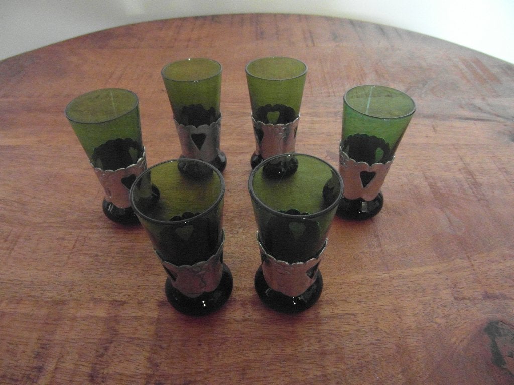 GERO ANTIEKE GLAASJES MET TIN APPLICATIE PUNTGAAF., Antiek en Kunst, Ophalen of Verzenden