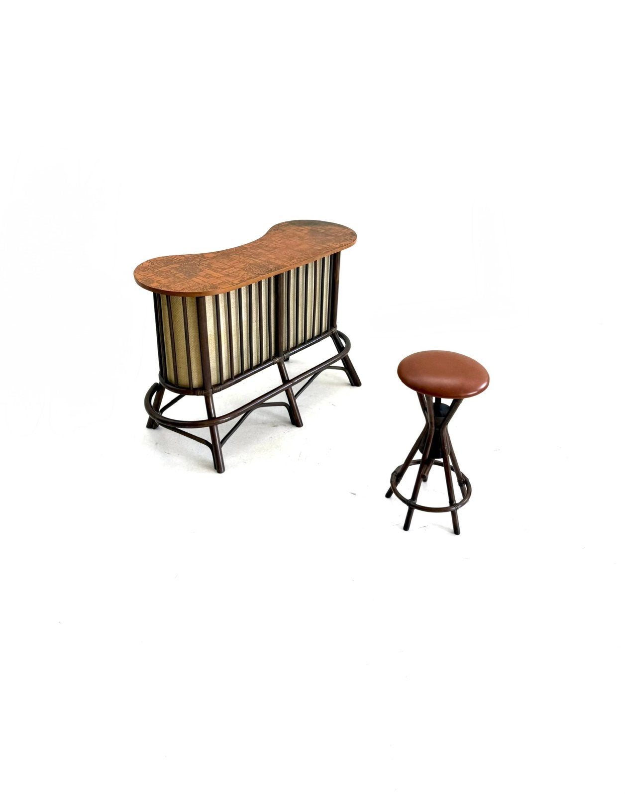 Vintage manou & rotan dry bar, Denemarken ‘60, Huis en Inrichting, Gebruikt, Inclusief barstoelen, Ophalen of Verzenden, Nvt