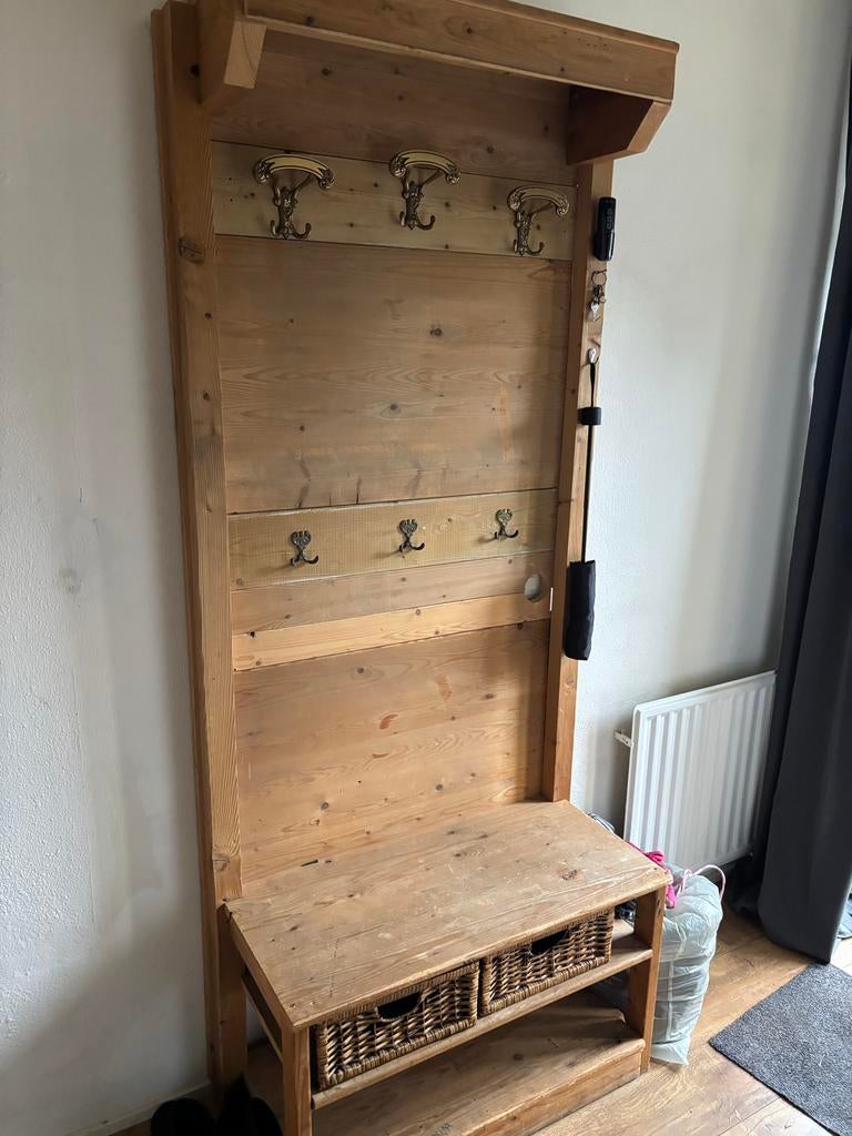 Houten kapstok met bankje en opbergruimte, Huis en Inrichting, Woonaccessoires | Kapstokken, Wandkapstok, Gebruikt, 200 cm of meer