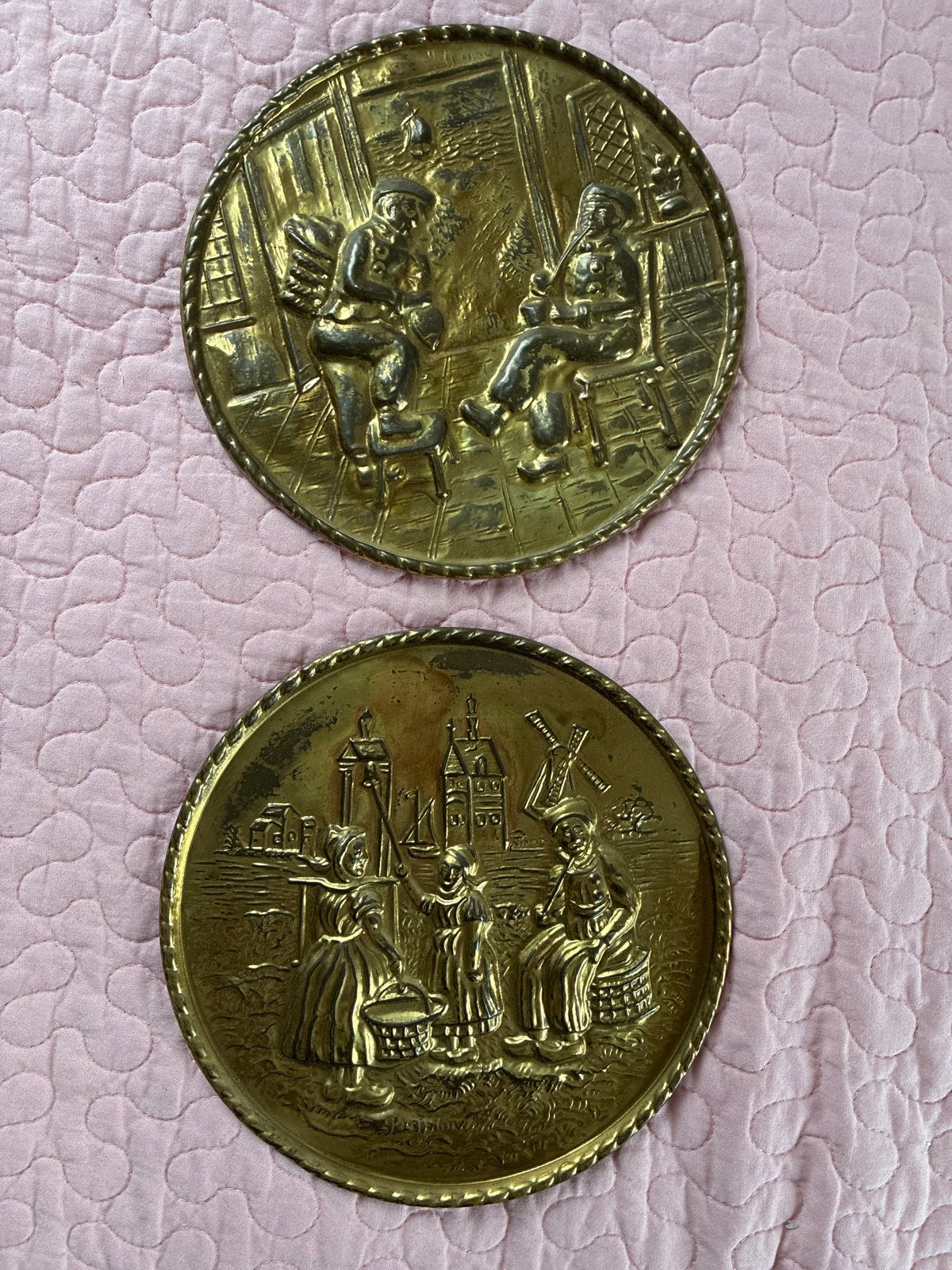 Set van 2 Vintage Koperen Wandborden - Hollands Tafereel, Antiek en Kunst, Ophalen of Verzenden, Koper