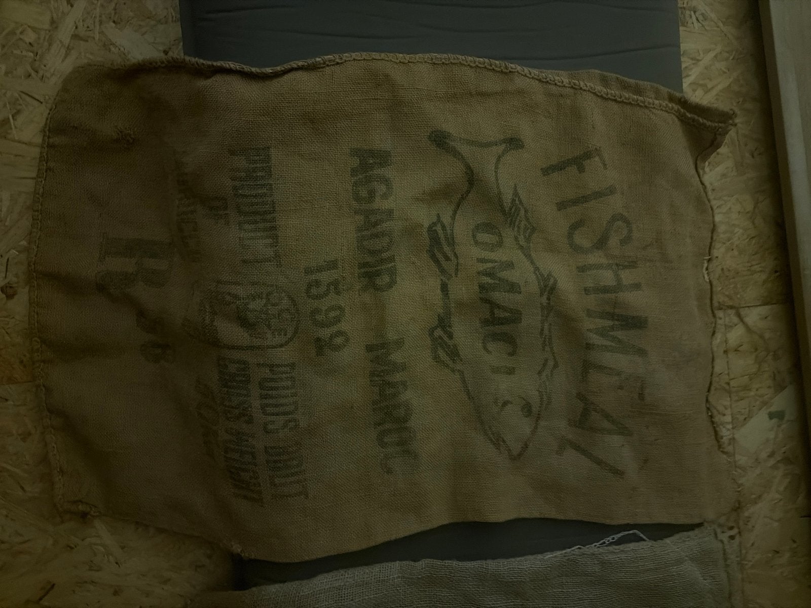 Vintage Jute Zak 'Fishmeal Agadir Maroc' Decoratie, Ophalen