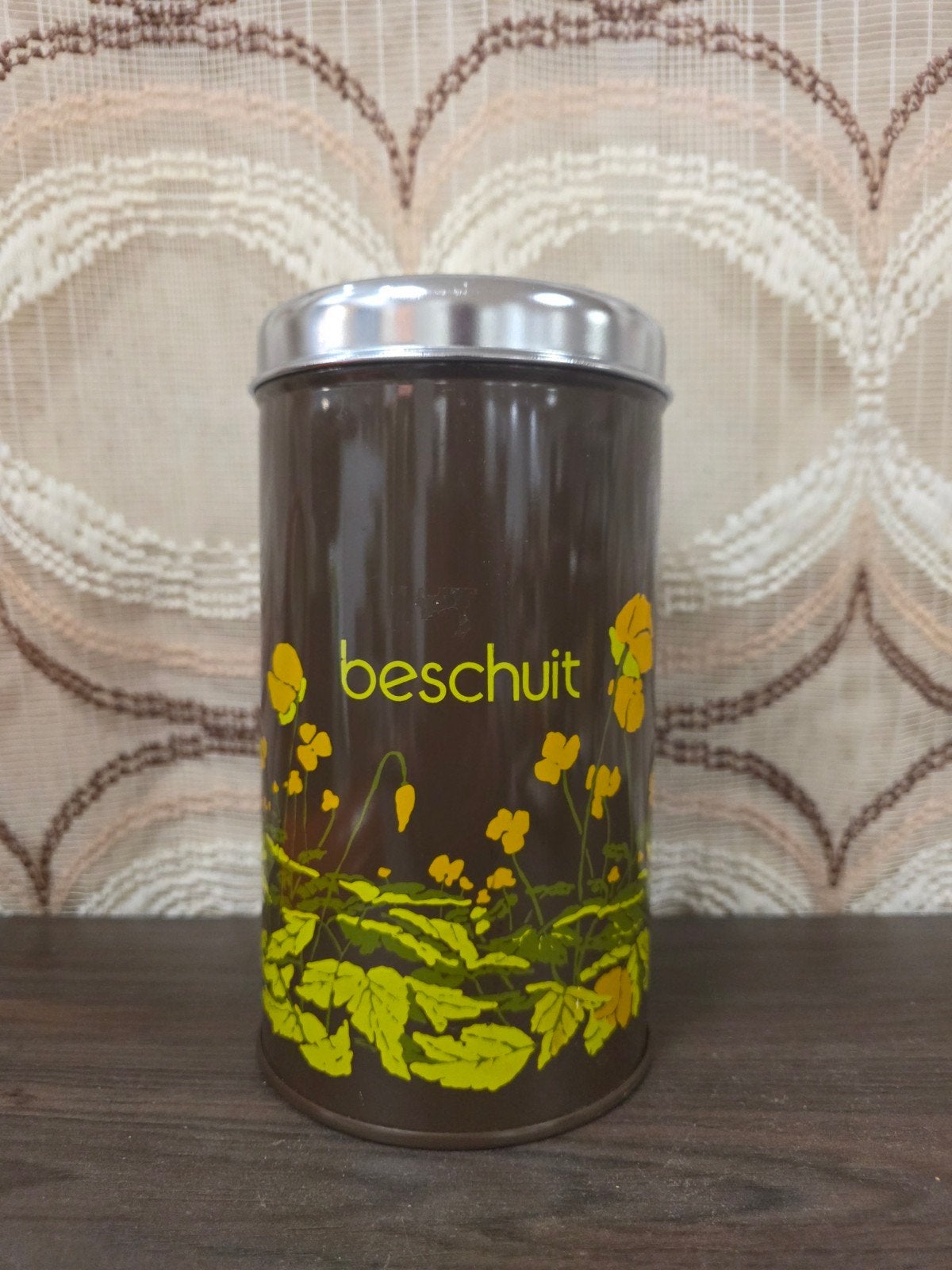 Brabantia vintage bruin blik BESCHUIT gele bloem boterbloem, Ophalen of Verzenden, Gebruikt, Beschuit, Overige merken