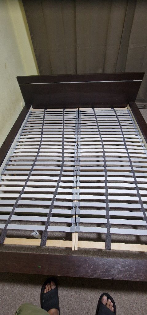 Double Bed Frame with Slatted Bases, Ophalen of Verzenden, Gebruikt, Tweepersoons, Dark Brown with a modern headboard