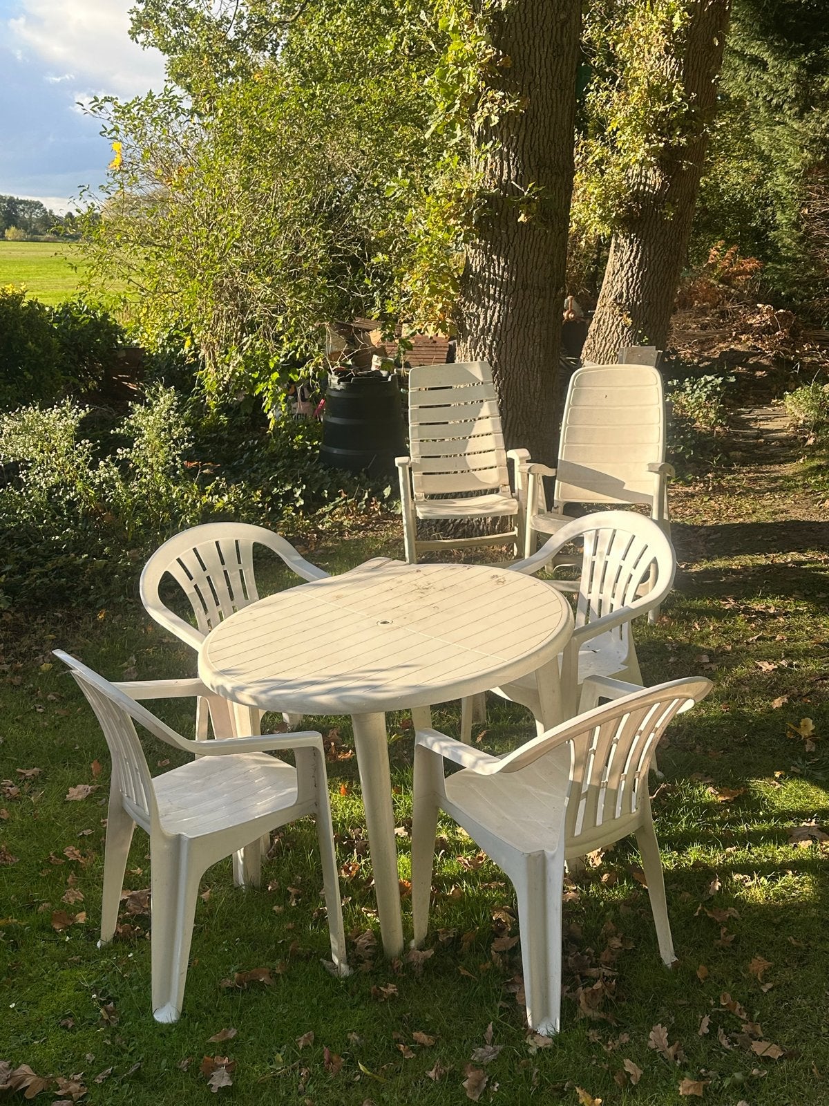 Kunststof tuinset met 4 stoelen en ronde tafel, Tuin en Terras, Ophalen, 4 zitplaatsen, Kunststof, Gebruikt