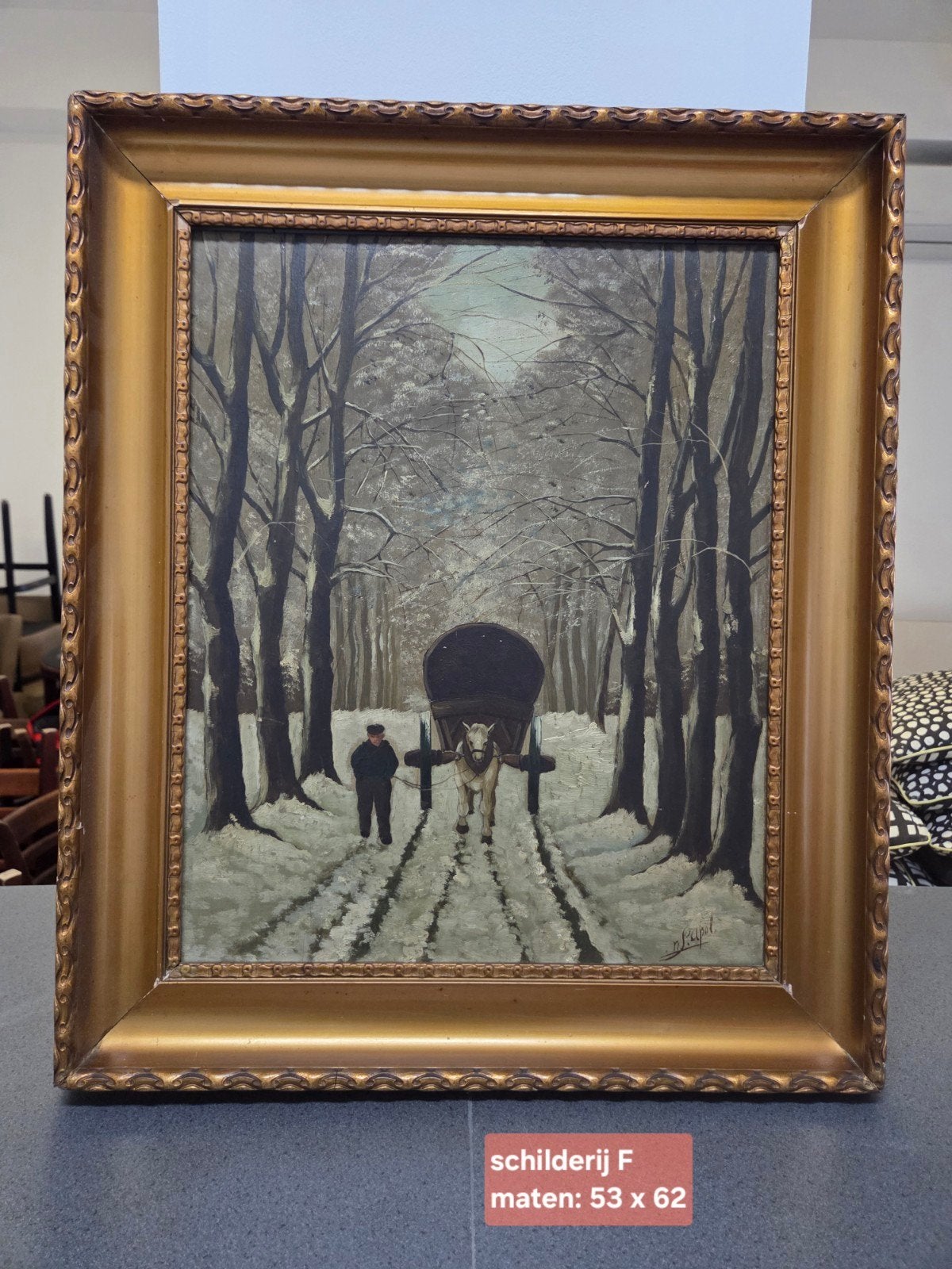 Schilderij F: Winterlandschap met paard en wagen, Ophalen