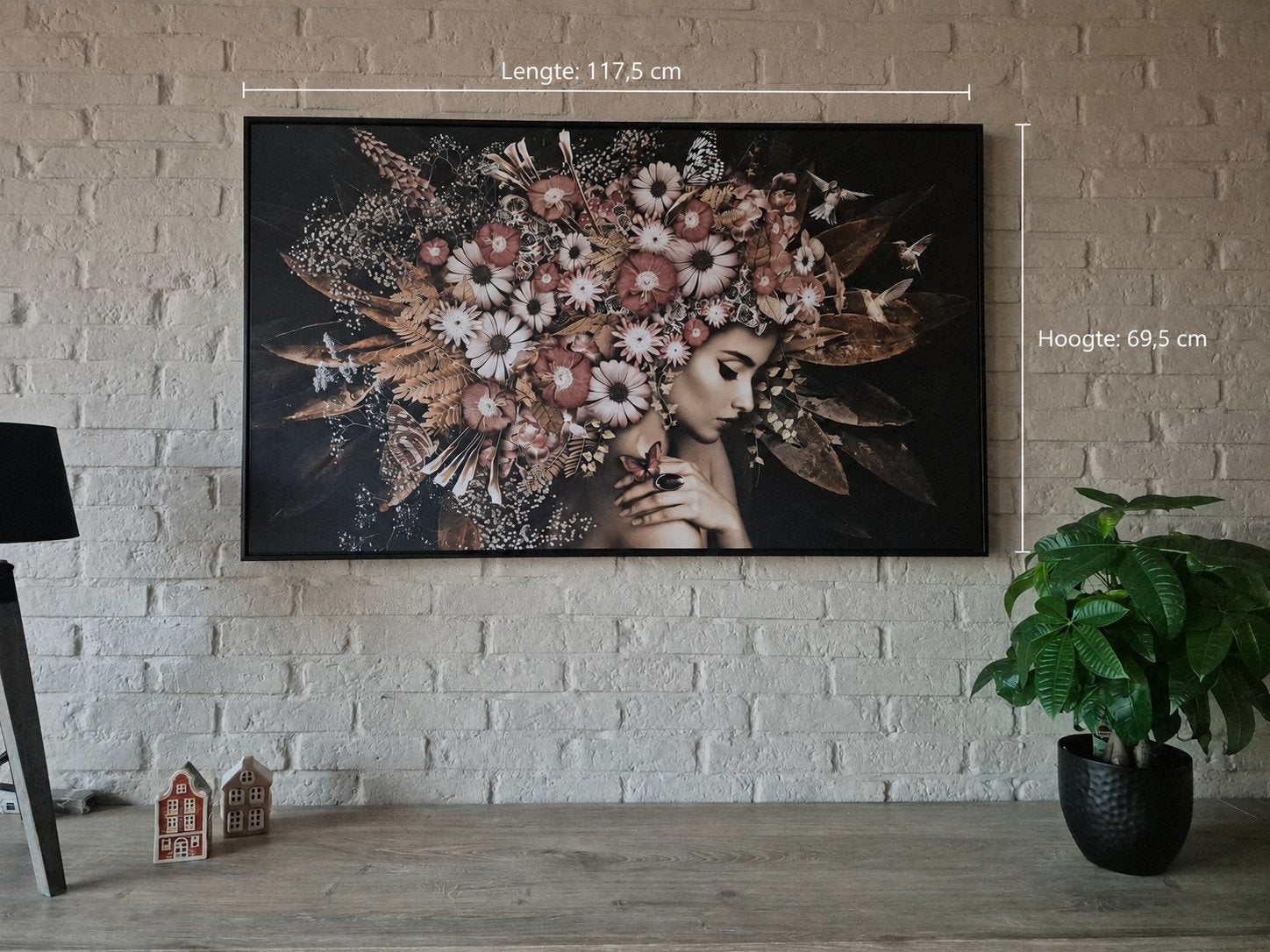 Prachtig groot schilderij – vrouw & bloemen – zwart/goud, Ophalen, Print, Overige materialen, Bloemen