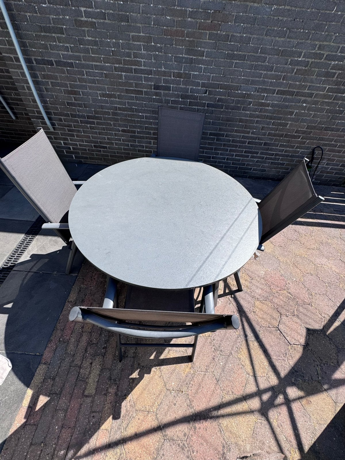 Hartman ronde tuintafel met 4 (Jysk) tuinstoelen en kussens, Tuin en Terras, Ophalen, 4 zitplaatsen, Gebruikt, Eettafel