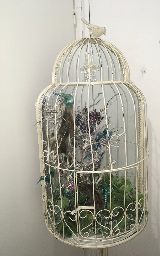 Zeer grote halfronde vogelkooi met spiegel (incl. inhoud), Ophalen, Vintage, Gebruikt, Metaal
