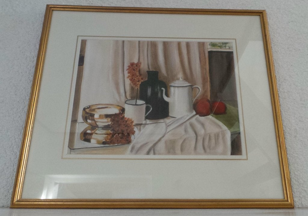 Voor keuken: schilderij stilleven o.a. koffiepot modern € 40, Antiek en Kunst, Ophalen, Stilleven, Papier/karton, Passe-partout