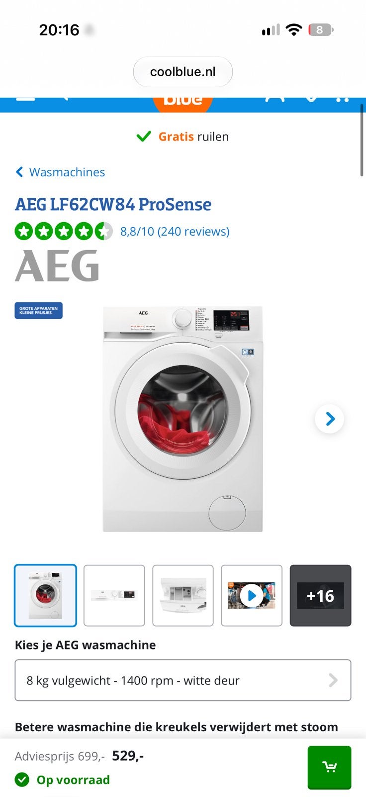 AEG 6000 Serie Lavamat Wasmachine - Zo goed als nieuw, Ophalen, Zo goed als nieuw, Voorlader, Kort programma