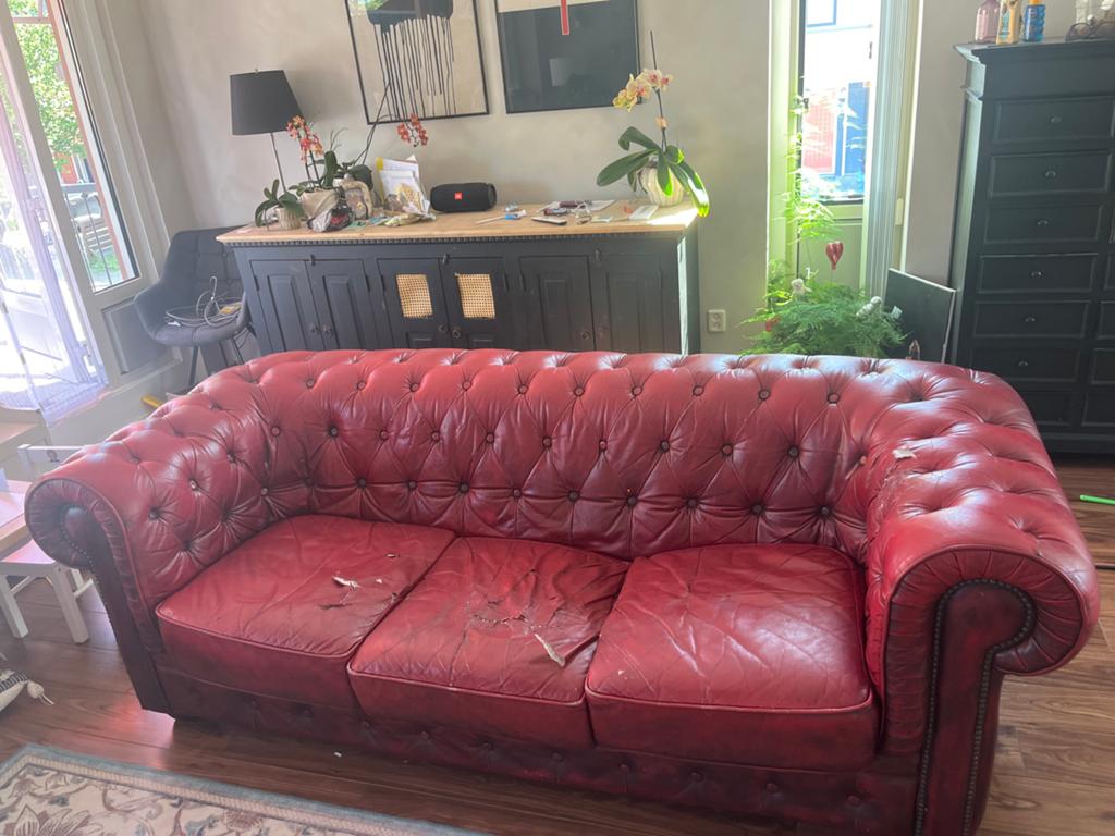 Vintage Rode Chesterfield Bank - Leer - Gebruikt, Ophalen, Gebruikt, Driepersoons, Rechte bank