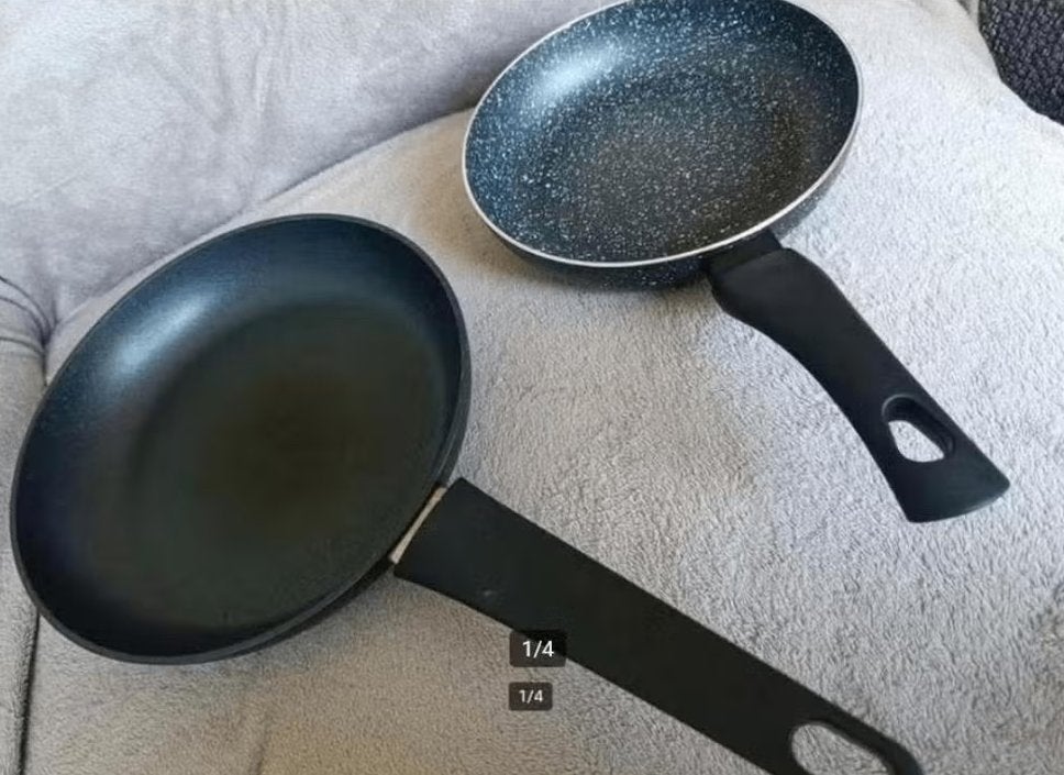 2 gebruikte koekenpannen 20 en 24cm, Gebruikt, Ophalen of Verzenden, Rvs