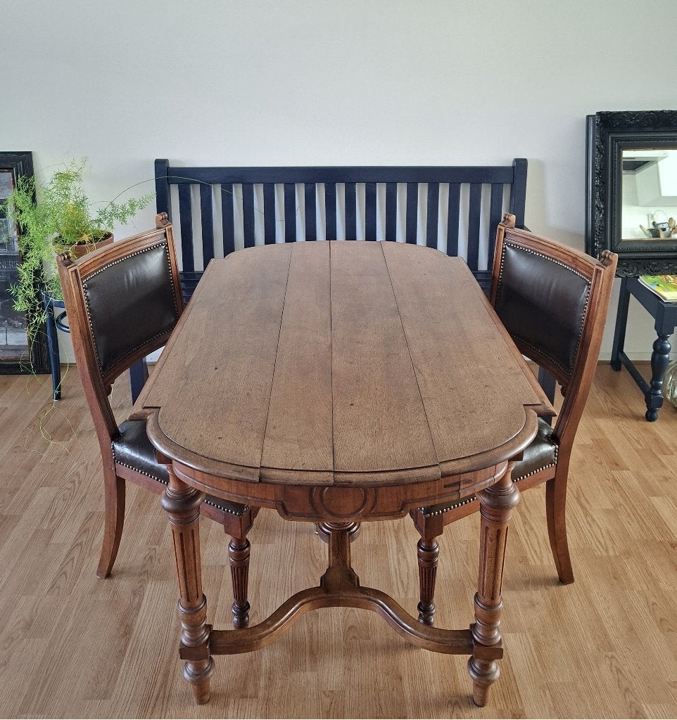 Franse eetkamertafel met 2 leren eetkamerstoelen, Ophalen, Gebruikt, 100 tot 150 cm, Eikenhout