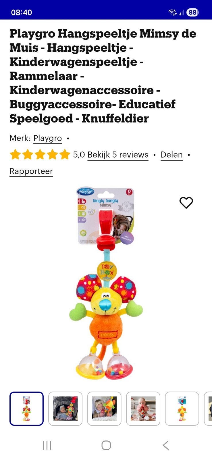 Playgro Mimsy de Muis Rammelaar Hangespeeltje, Ophalen, Zo goed als nieuw, Rammelaar, Met geluid
