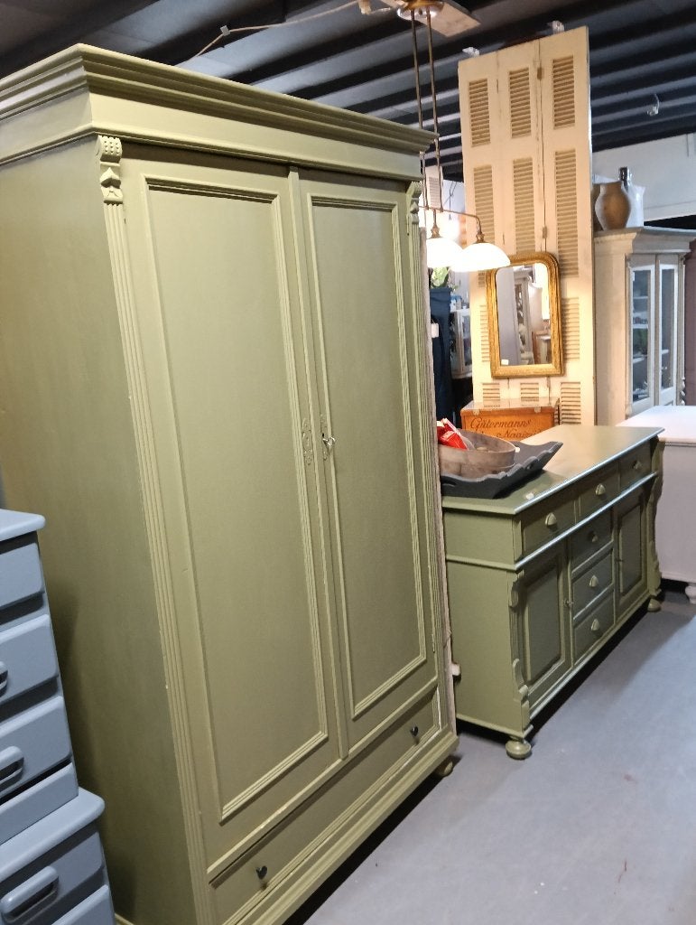 Groene brocante antieke kast., Ophalen, Gebruikt, 100 tot 150 cm, 200 cm of meer