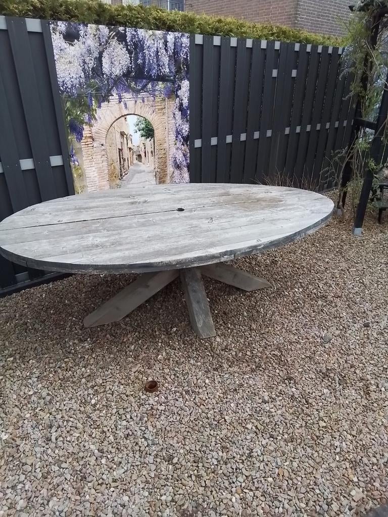 Robuuste grote ovale  steigerhouten tuintafel, Tuin en Terras, Tuintafels, Ophalen, Gebruikt, Rond, Hout