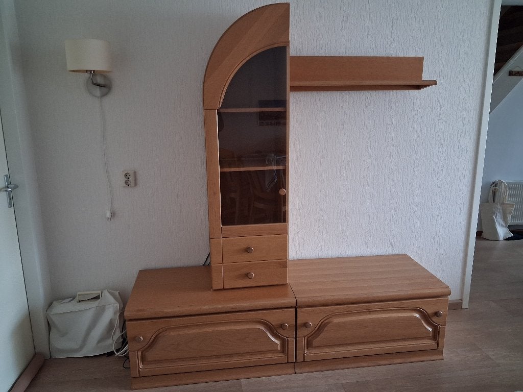 Vitrinekast en 2 lade kasten - licht eiken, Ophalen, Gebruikt, Met lade(s), Eikenhout