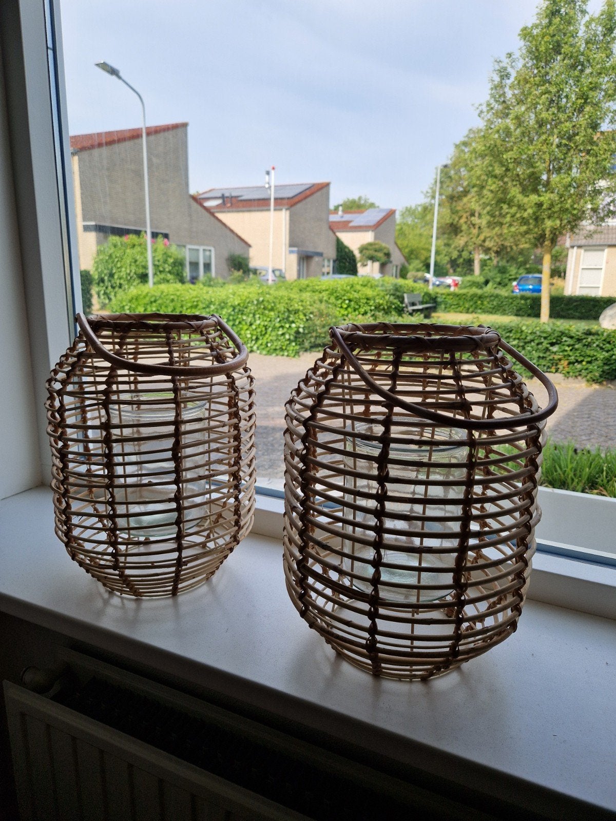 Rotan/bamboe windlichten (set), Huis en Inrichting, Woonaccessoires | Kandelaars en Kaarsen, Ophalen, Zo goed als nieuw, Hout