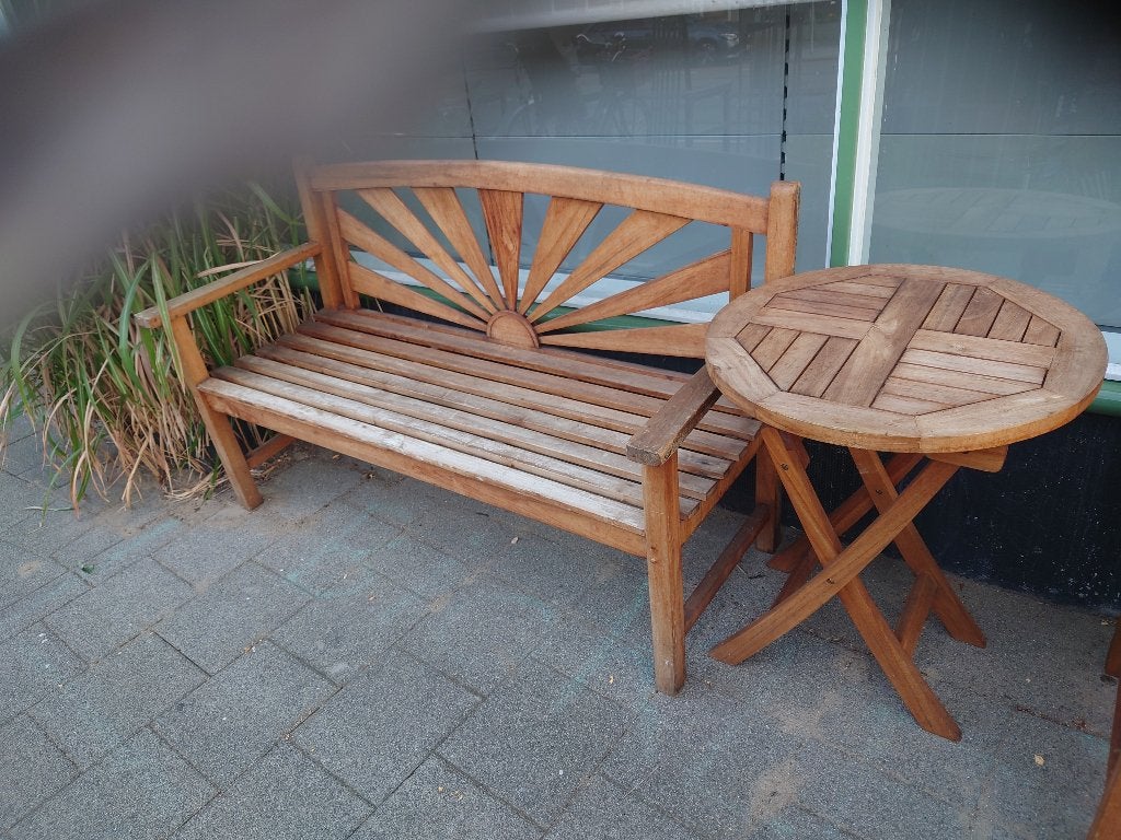 bank Hard Hout plus tafel, Ophalen, Gebruikt, 150 tot 200 cm, Driepersoons