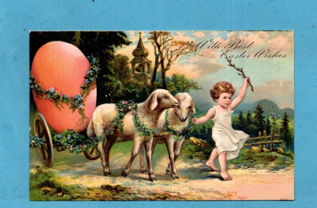 Pracht oude paaskaart/reliéf W225 - Kindje/lammetjes/paasei, Verzenden, Voor 1920, Ongelopen